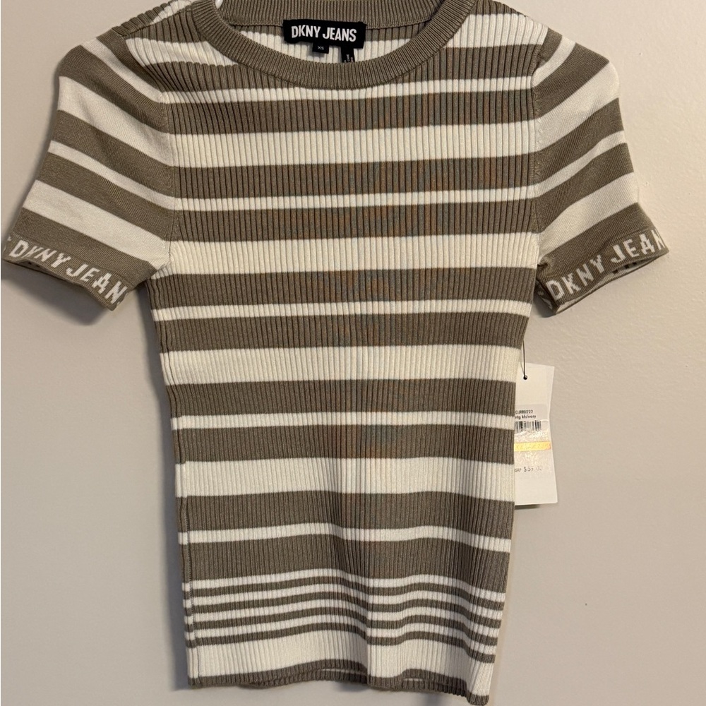 DKNY Brown and White Striped Tee